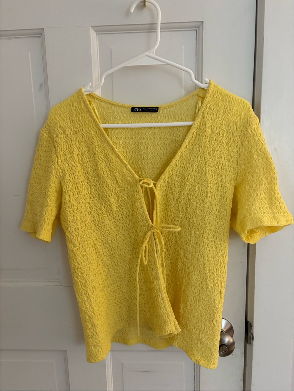 Zara Bright Yellow Tie-Front V-Neck Short Sleeve Top